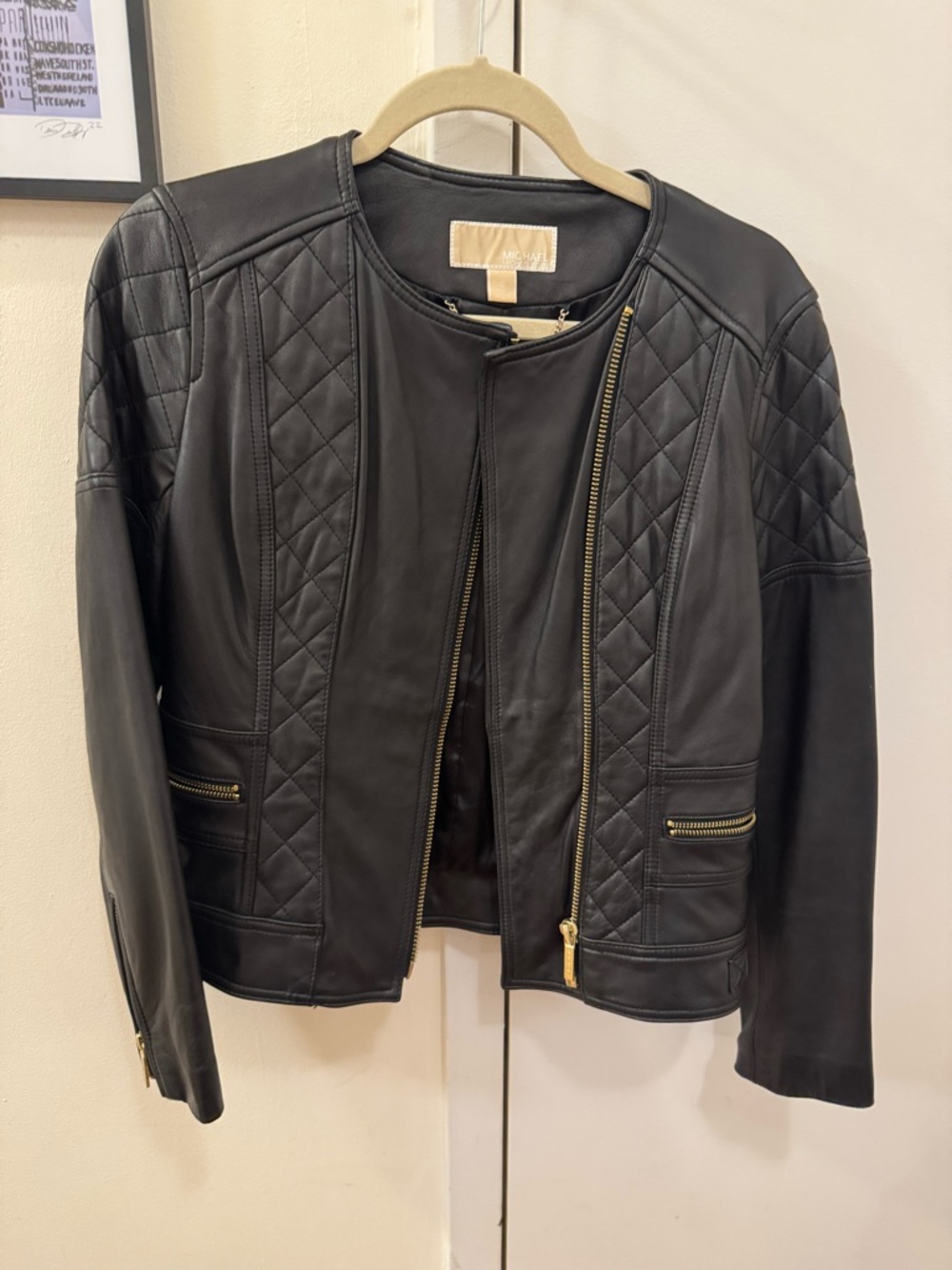 Michael Kors Black Quilted Leather Moto Jacket with Gold Zippers